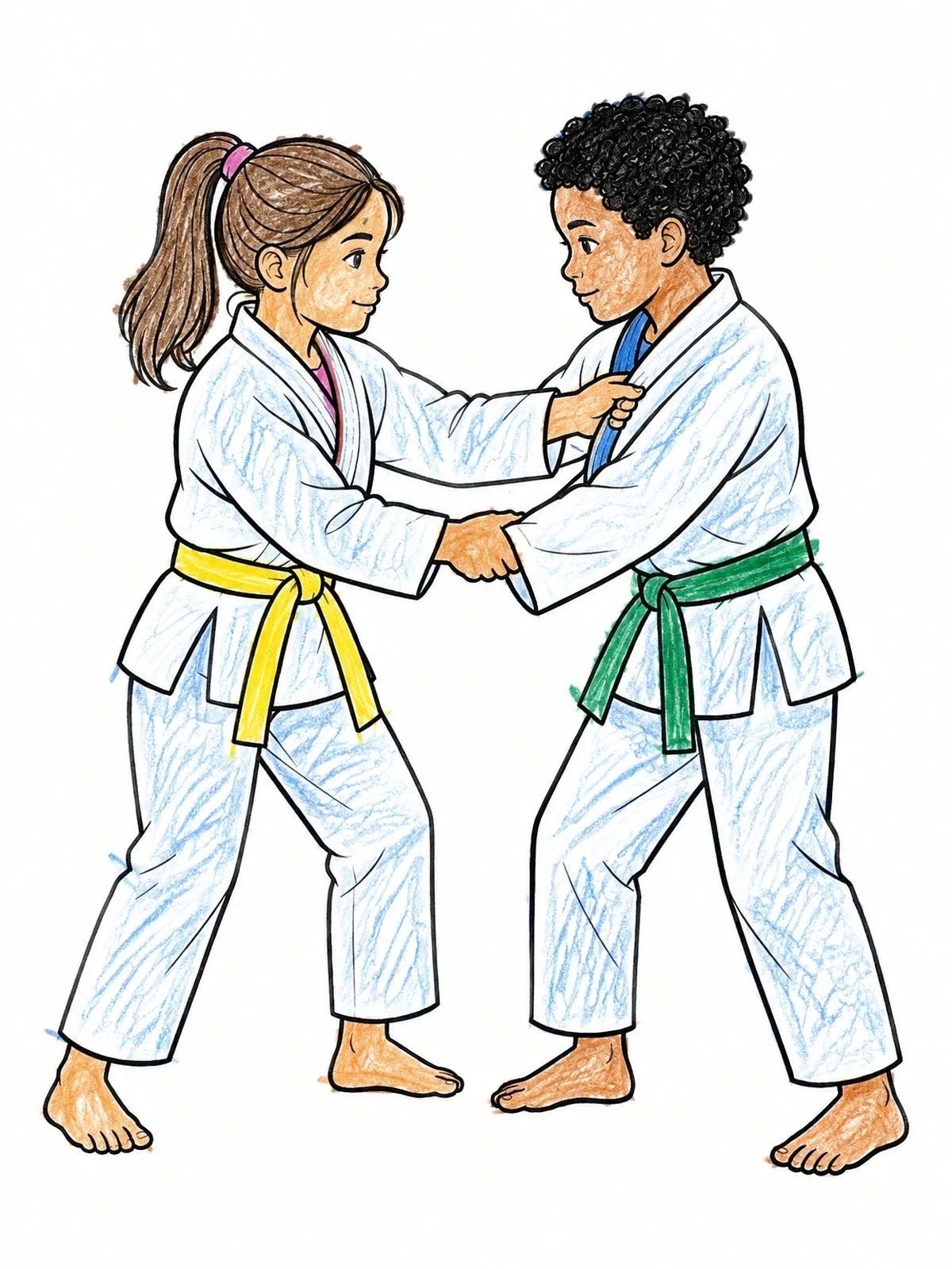 Colored example of the Young Partners Practicing Judo Grips coloring page