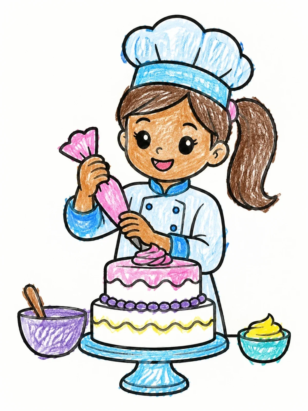 Colored example of the Young Pastry Chef Decorating A Cake coloring page