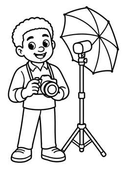 A smiling boy in this camera coloring page holds a photo camera beside an umbrella light.