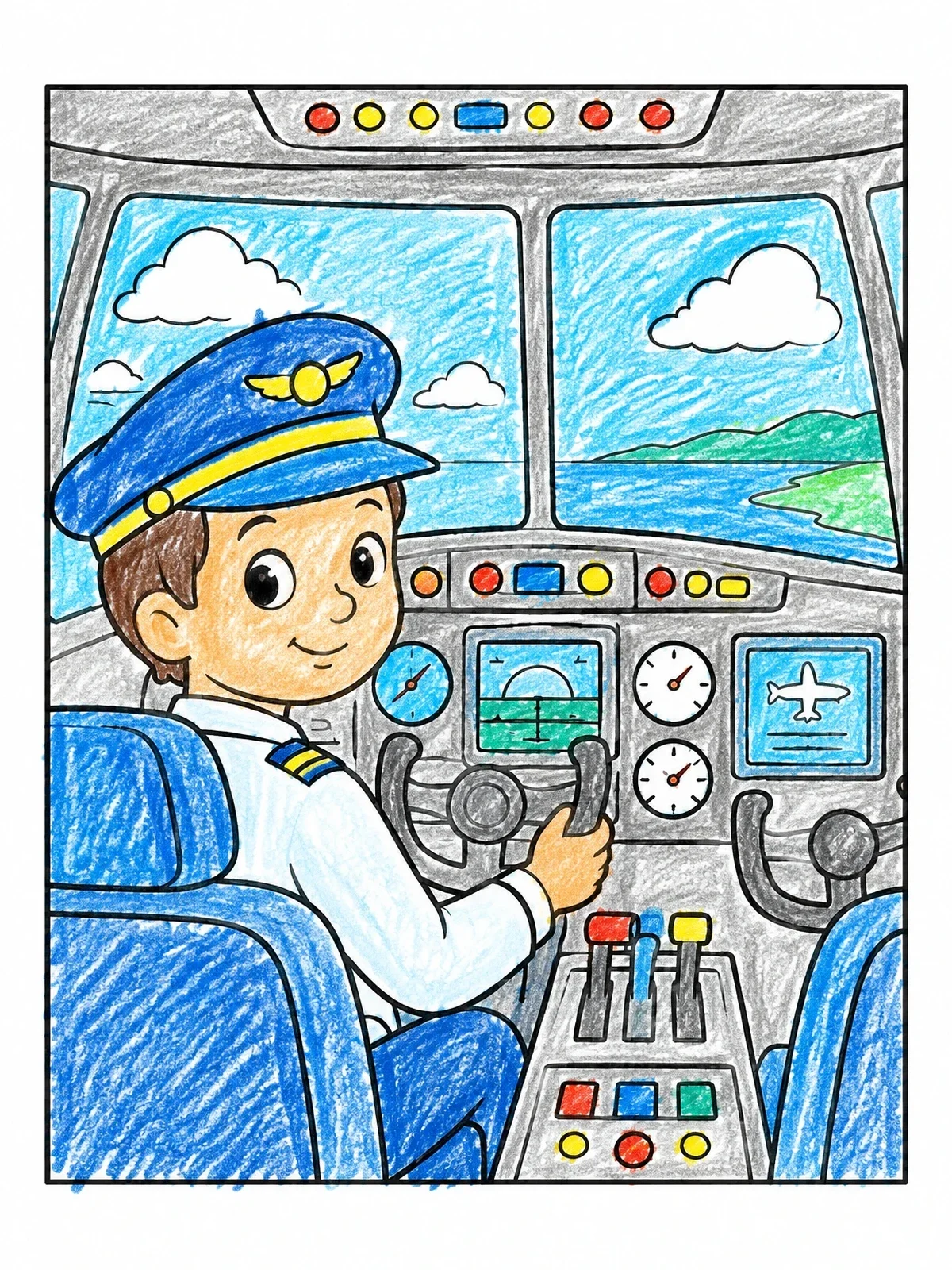 Colored example of the Young Pilot In Airplane Cockpit coloring page