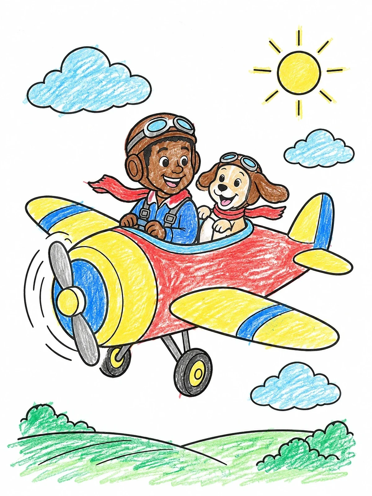 Colored example of the Young Pilot And Puppy Flying An Airplane coloring page