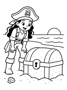 A cheerful girl finds a buried chest in this pirate coloring page.