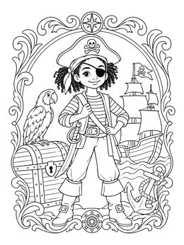 A cheerful girl captain on this pirate coloring page with a parrot and ship.