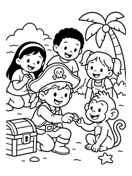 Kids watch a young boy share a coin with a monkey in this pirate coloring page.