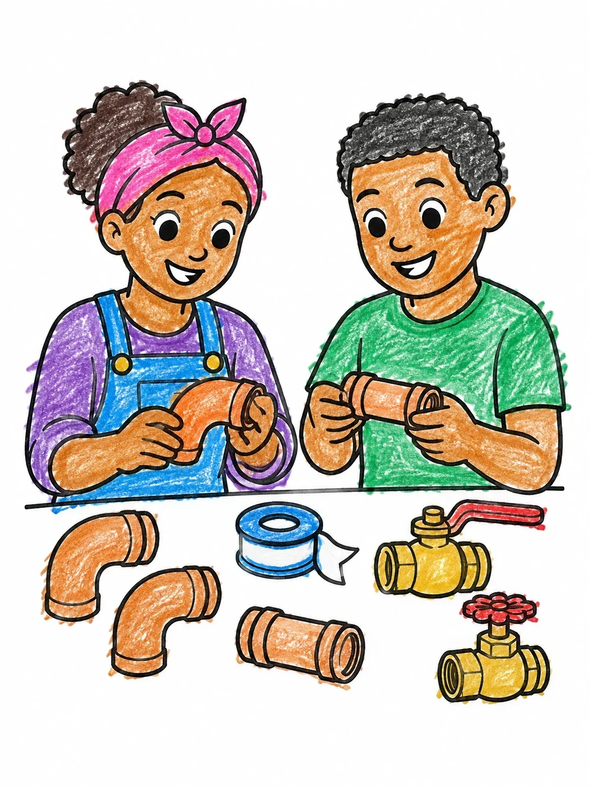 Colored example of the Young Plumbers Exploring Pipes And Fittings coloring page