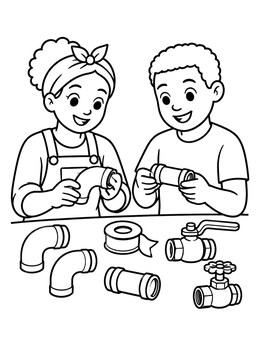 Free printable Young Plumbers Exploring Pipes And Fittings coloring page