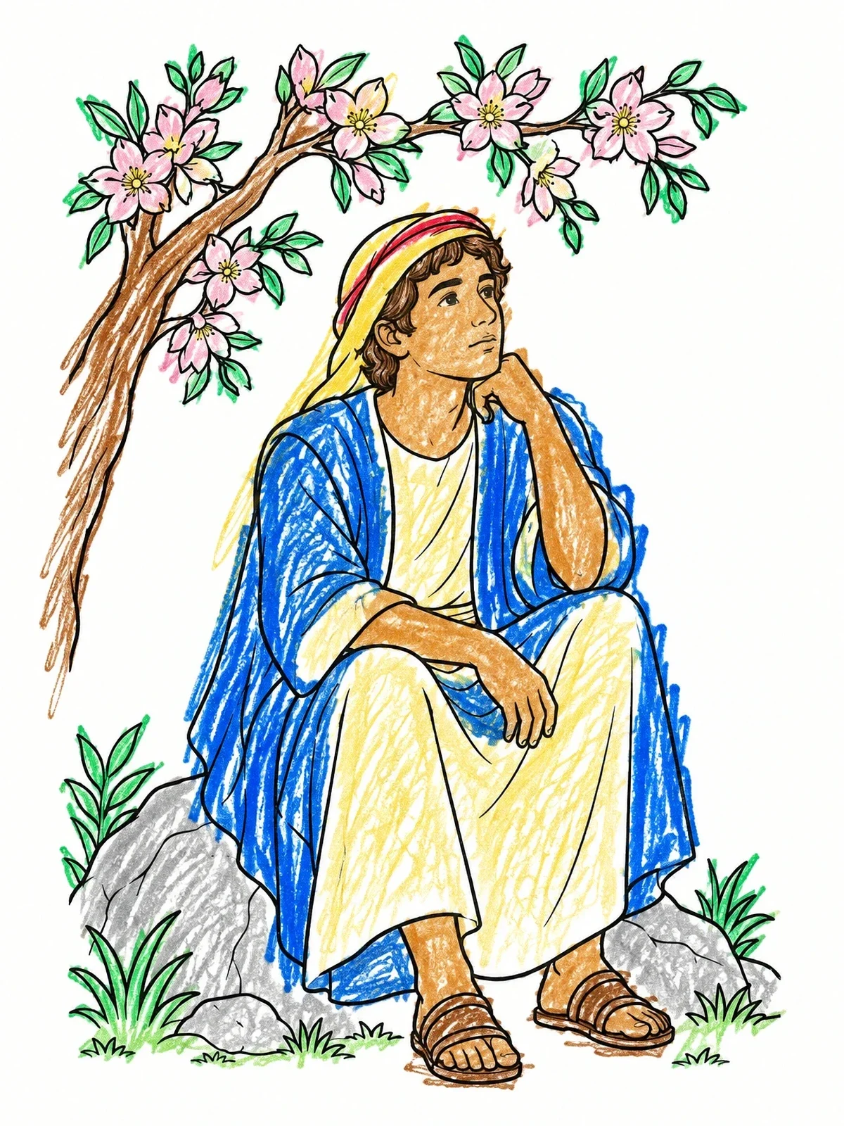 Colored example of the Young Jeremiah Under Almond Tree coloring page
