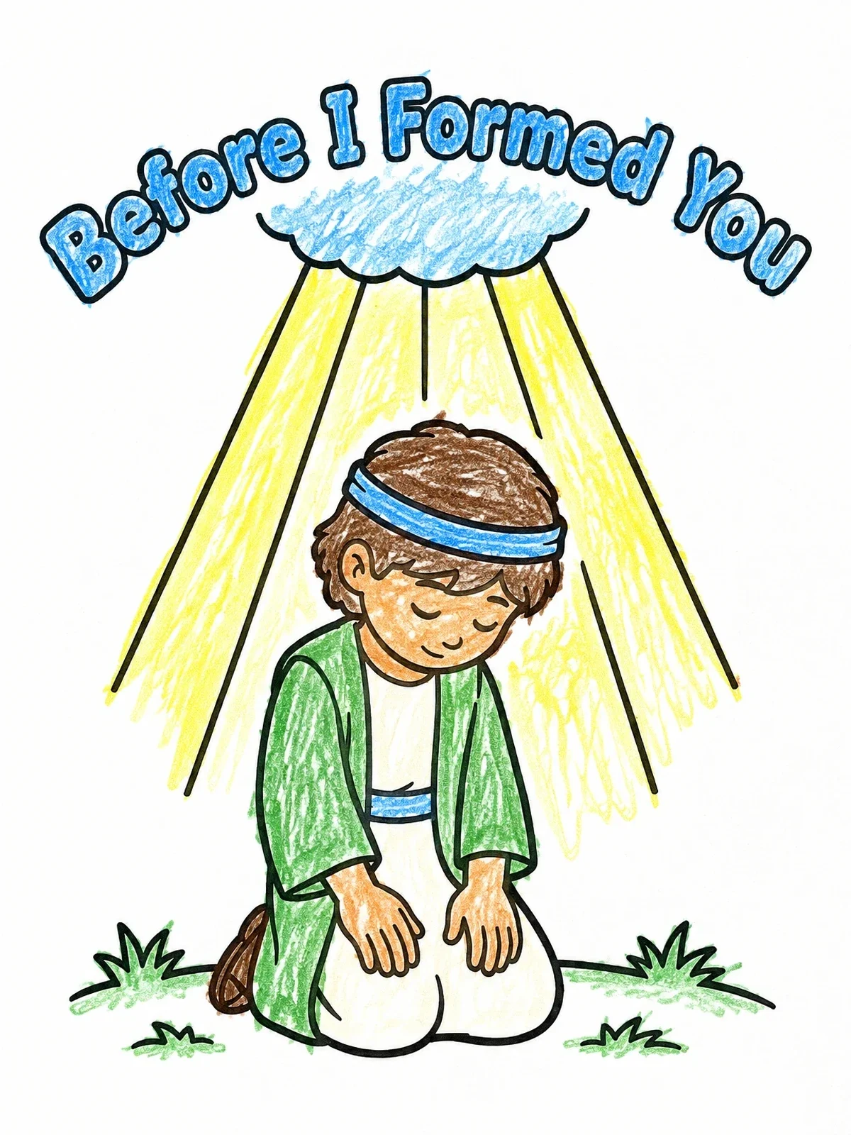 Colored example of the Young Jeremiah Kneeling In Prayer coloring page