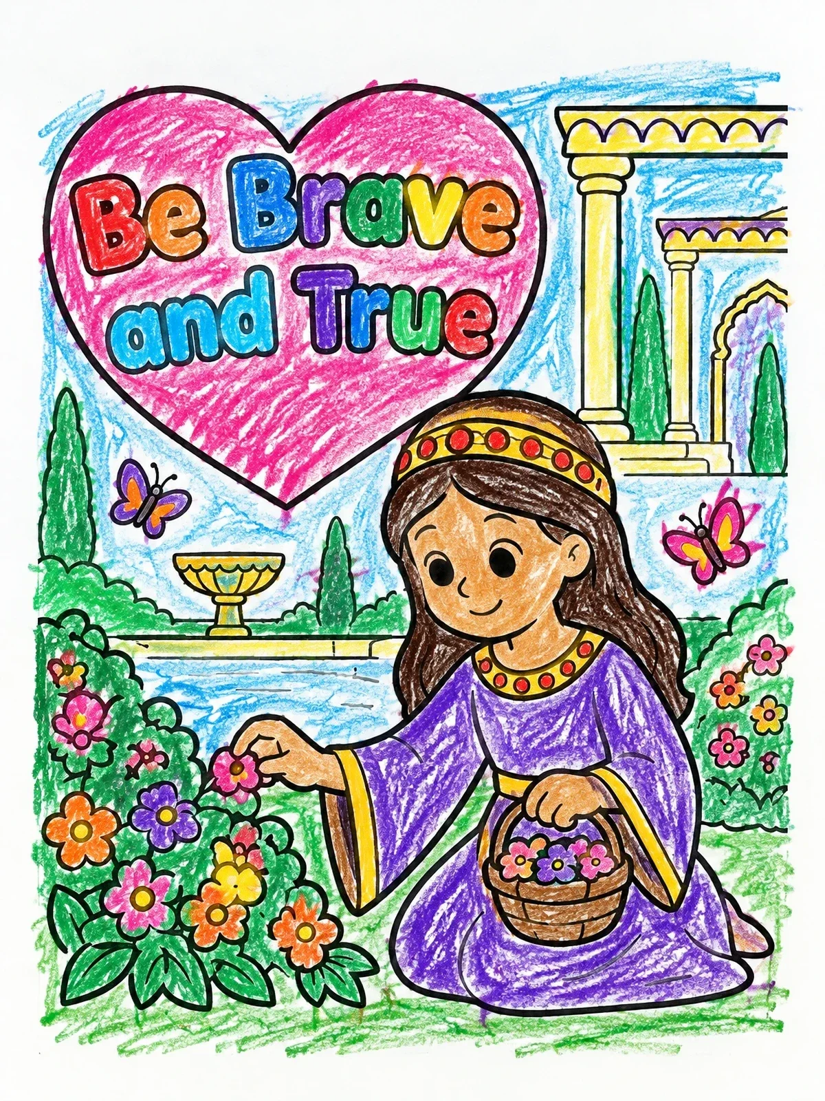 Colored example of the Young Queen Esther In The Garden coloring page