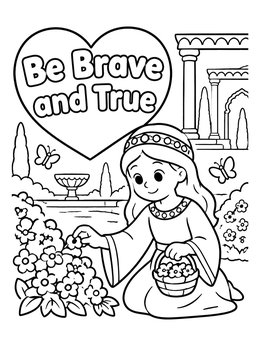 Cute young Esther coloring page showing her picking flowers in a palace courtyard garden.
