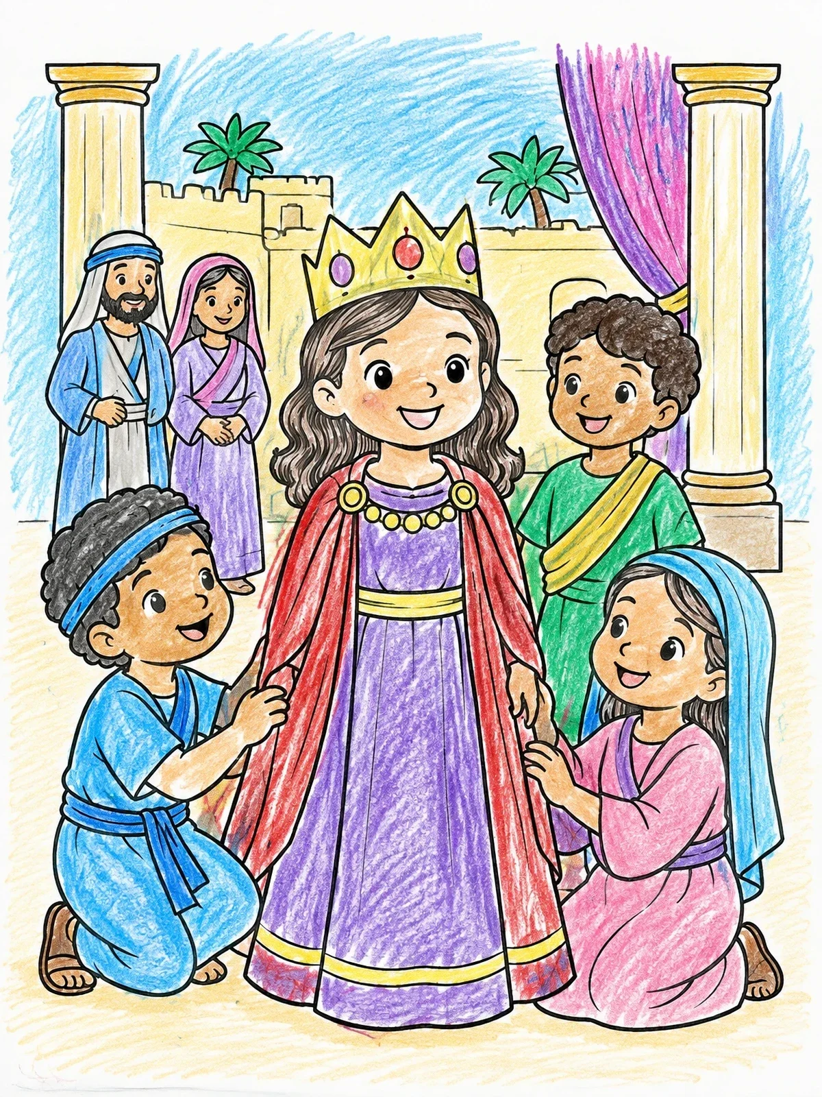 Colored example of the Little Queen Esther With Friends coloring page