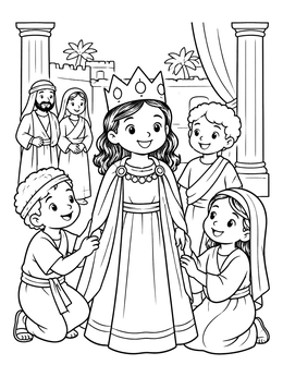 A smiling young girl in royal robes on this Esther coloring page surrounded by admiring children.