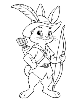 A cheerful bunny archer poses with a bow on this robin hood coloring page.