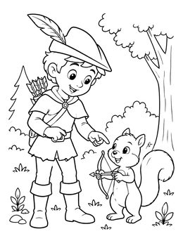 Free printable Young Robin Hood Teaching Forest Squirrel coloring page