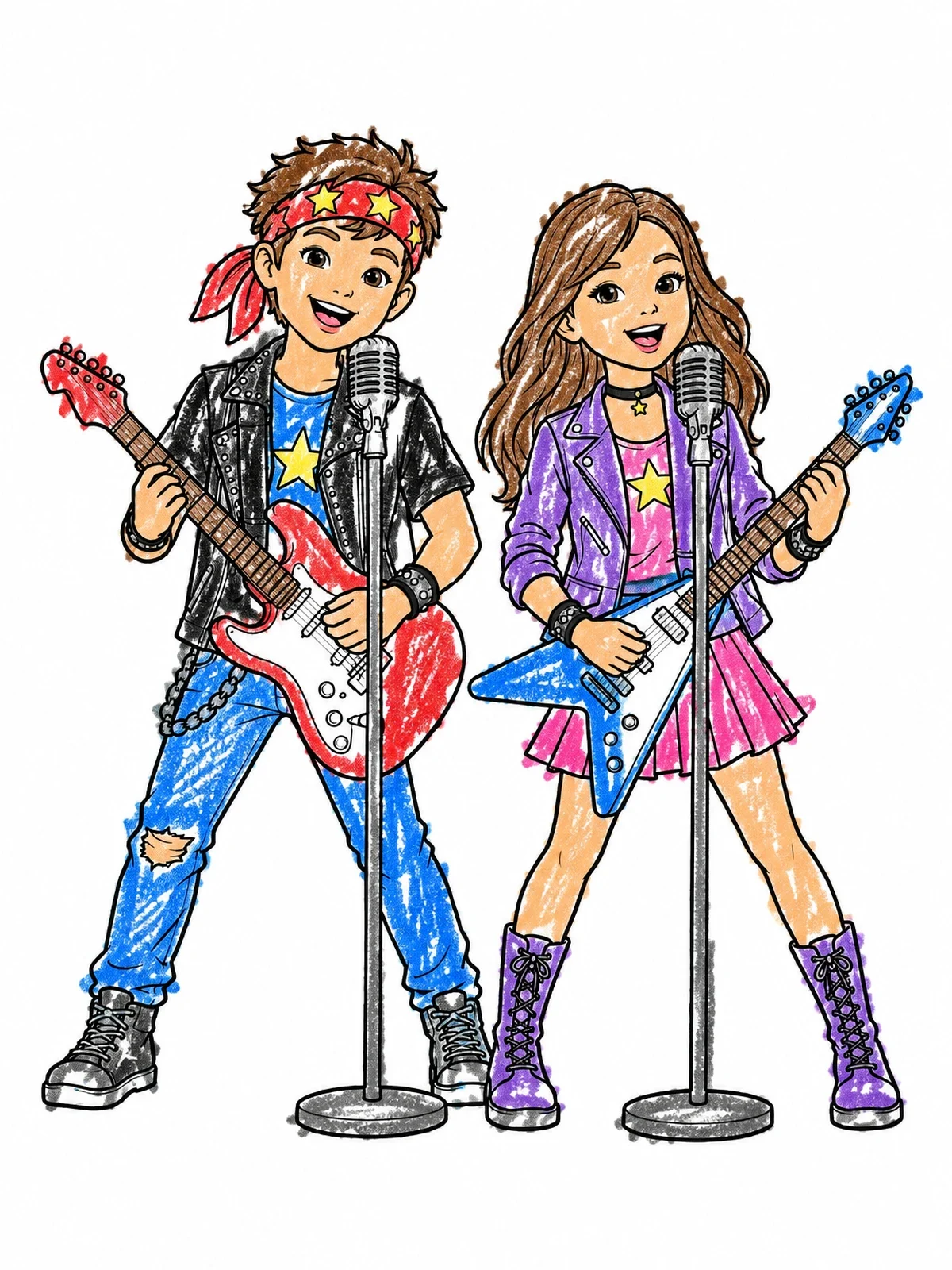 Colored example of the Young Rock Stars With Guitars coloring page