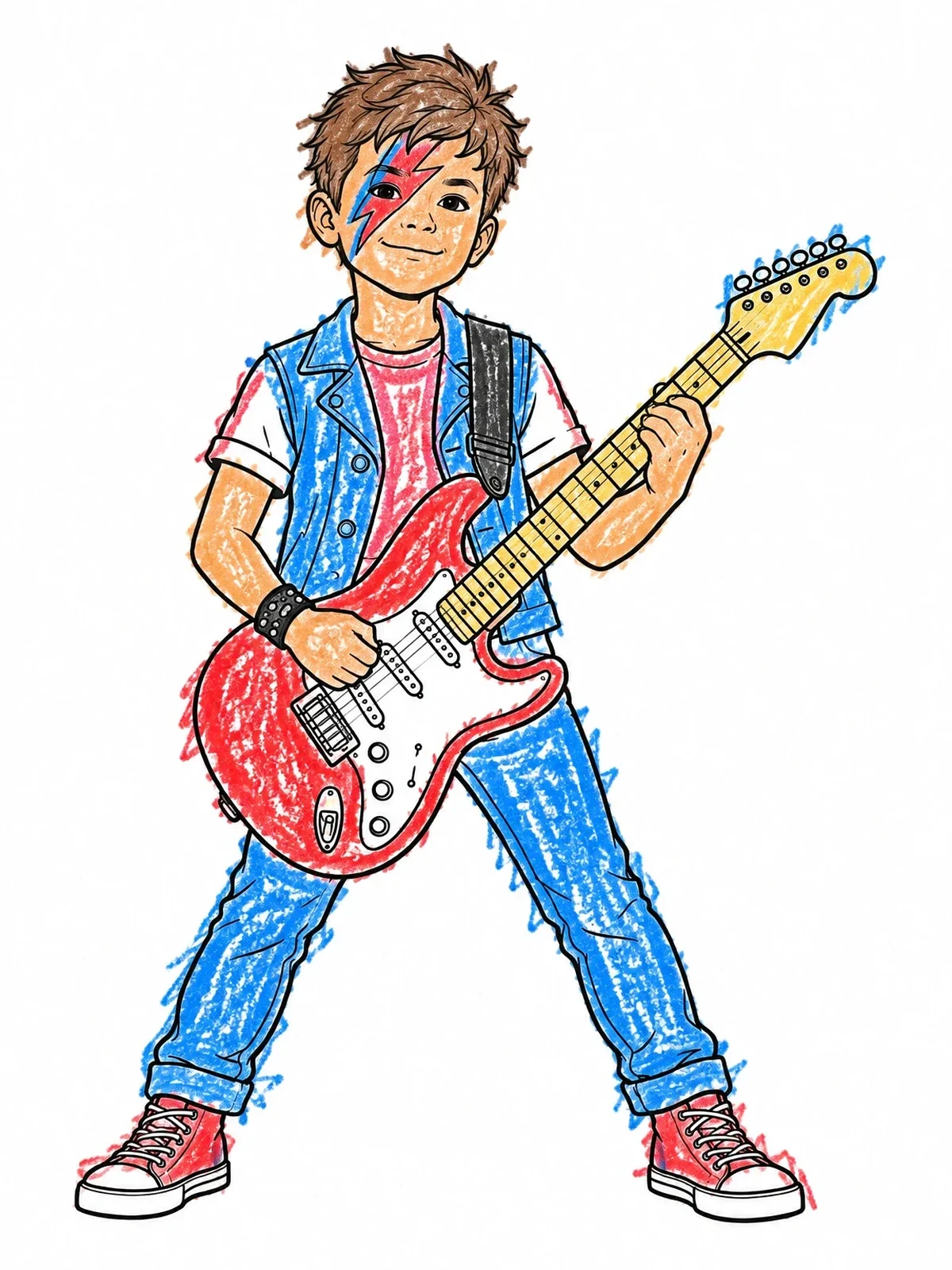 Colored example of the Young Rocker With Electric Guitar coloring page