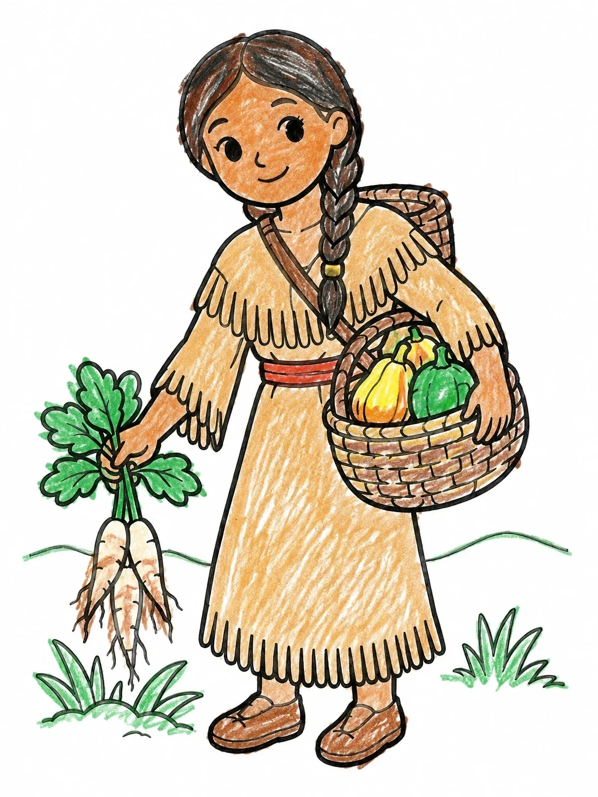 Colored example of the Young Sacagawea Gathering Prairie Harvest coloring page