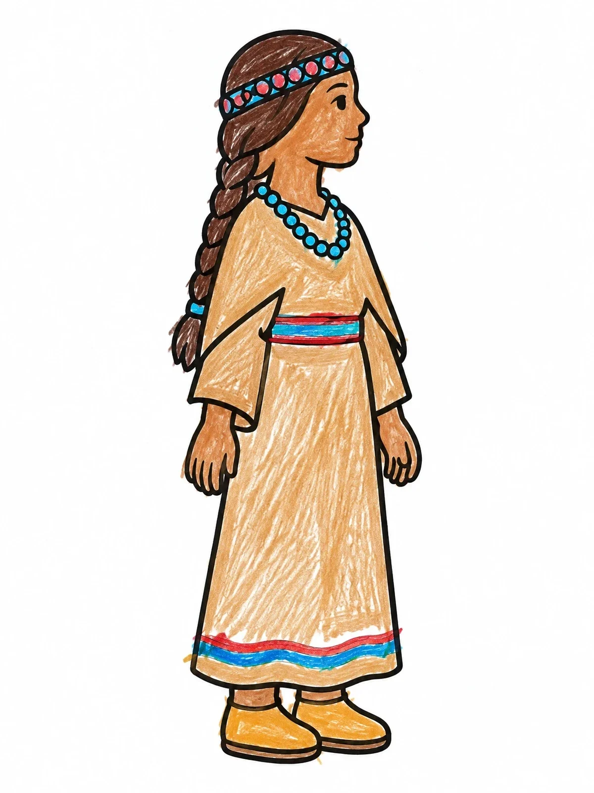 Colored example of the Young Sacagawea In Traditional Dress coloring page