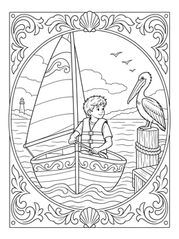 A smiling boy sails past a pelican on a wooden post in this detailed sail boat coloring page.