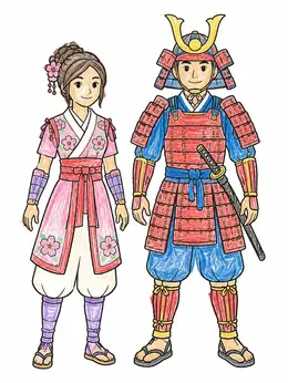 Young Samurai And Kunoichi Standing Together Coloring Page