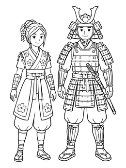 Free printable Young Samurai And Kunoichi Standing Together coloring page