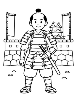 Free printable Young Samurai In Front Of Castle coloring page