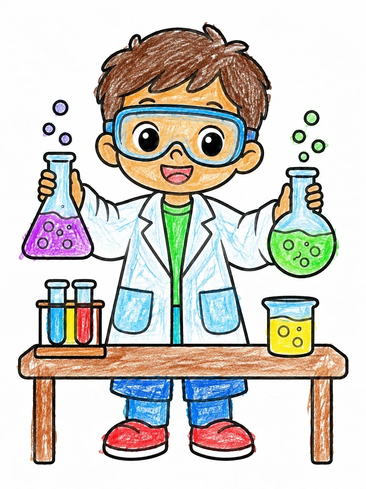 Colored example of the Young Scientist With Bubbling Flasks coloring page
