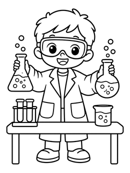 Free printable Young Scientist With Bubbling Flasks coloring page