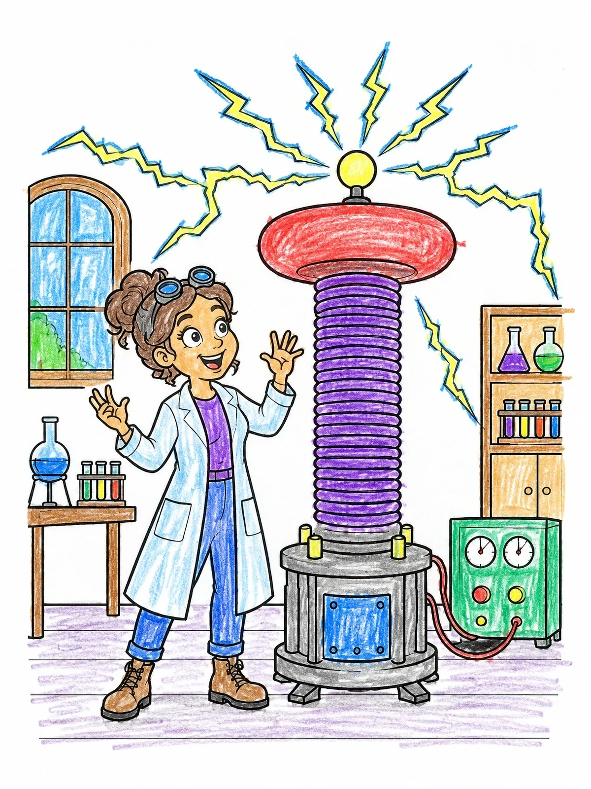 Colored example of the Young Scientist With Tesla Coil coloring page