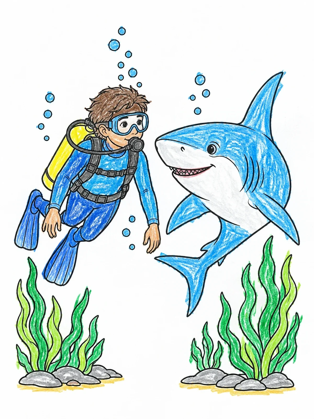Colored example of the Young Scuba Diver With Friendly Shark coloring page