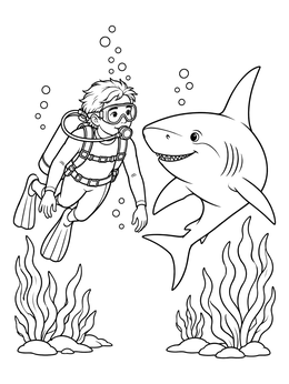 Free printable Young Scuba Diver With Friendly Shark coloring page