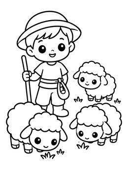 A friendly young shepherd boy with a staff watches over three fluffy lambs in this sheep coloring page.