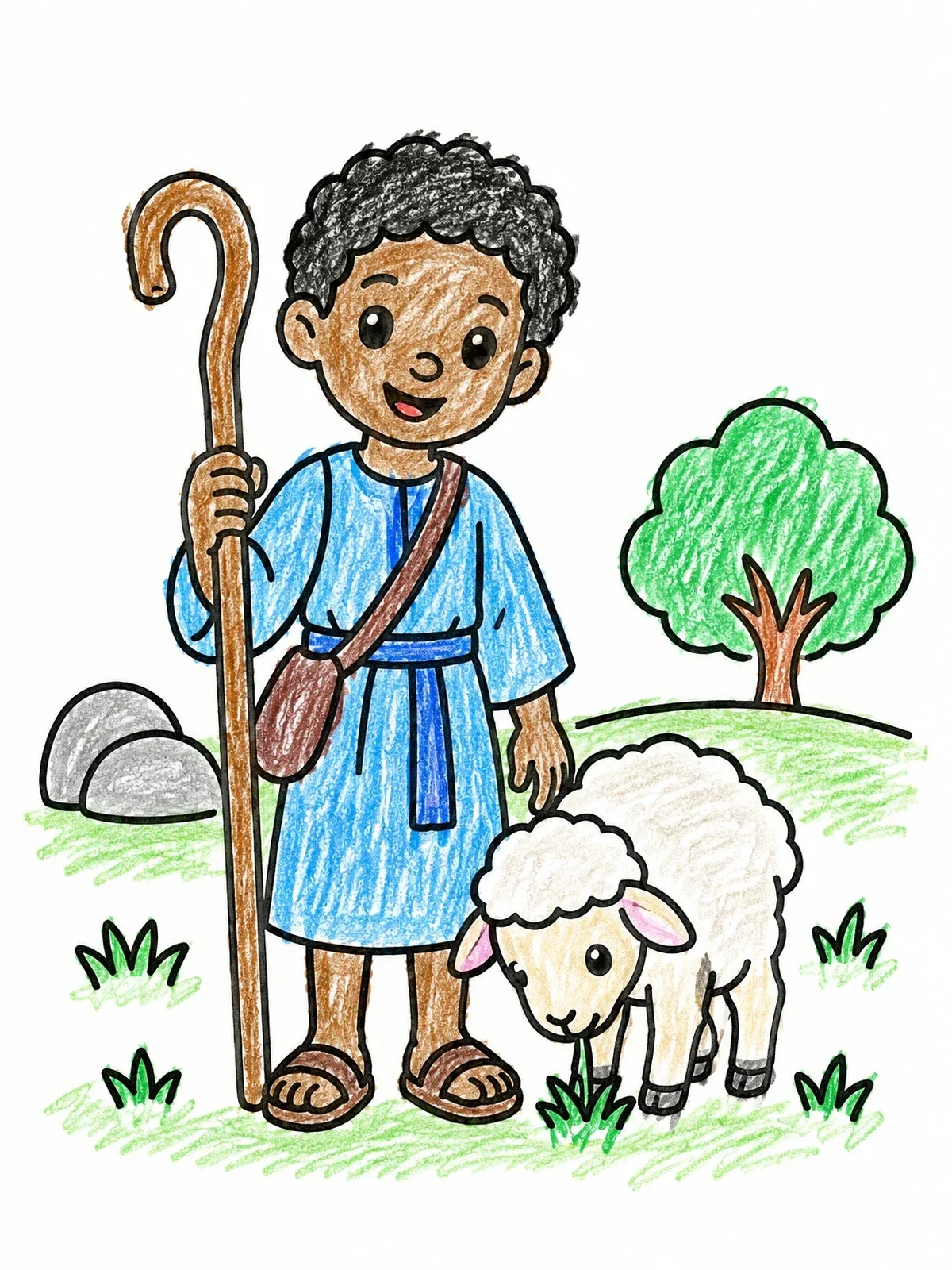 Colored example of the Young Shepherd David And Little Lamb coloring page