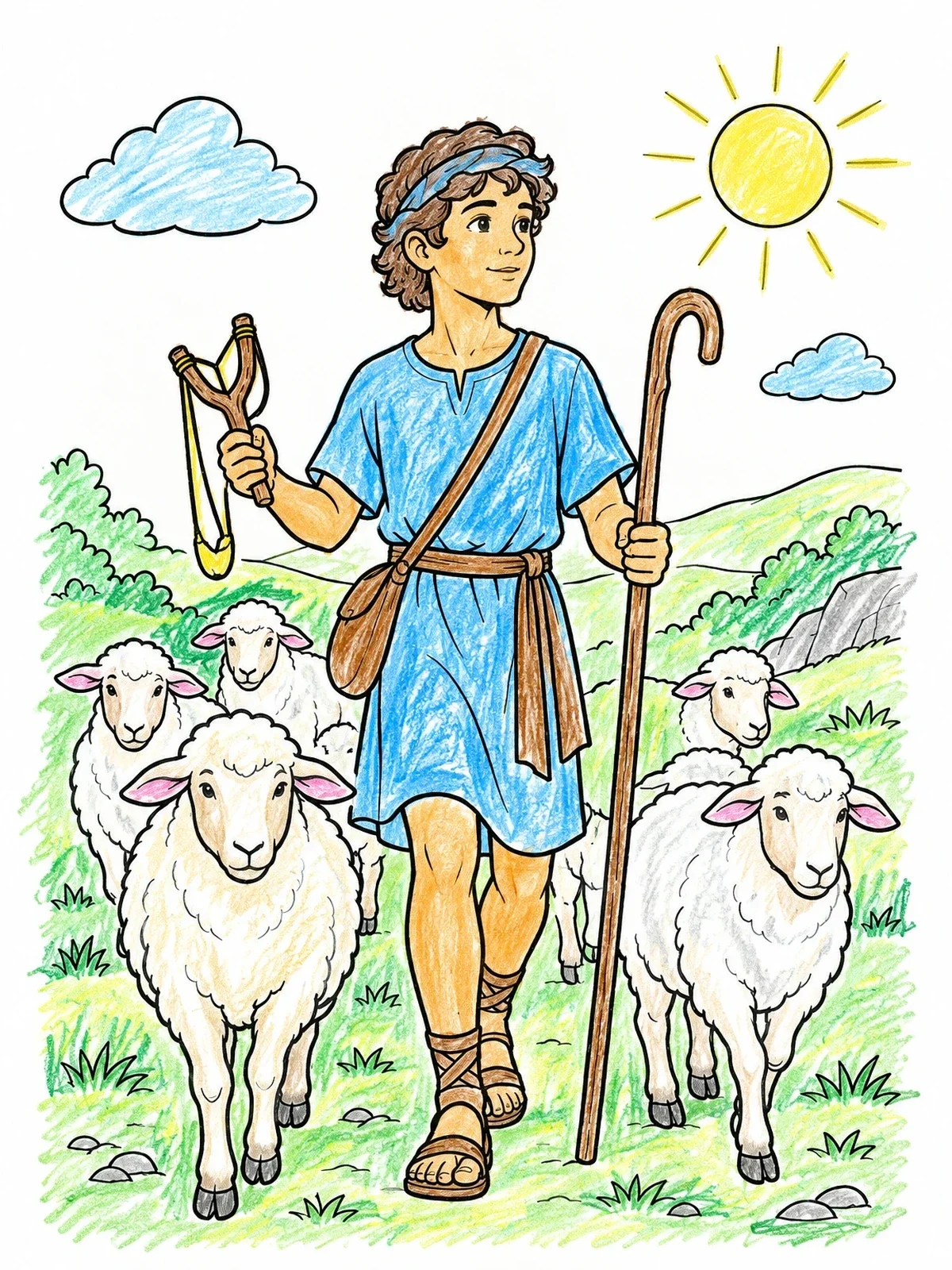 Colored example of the Young David With Sheep And Slingshot coloring page