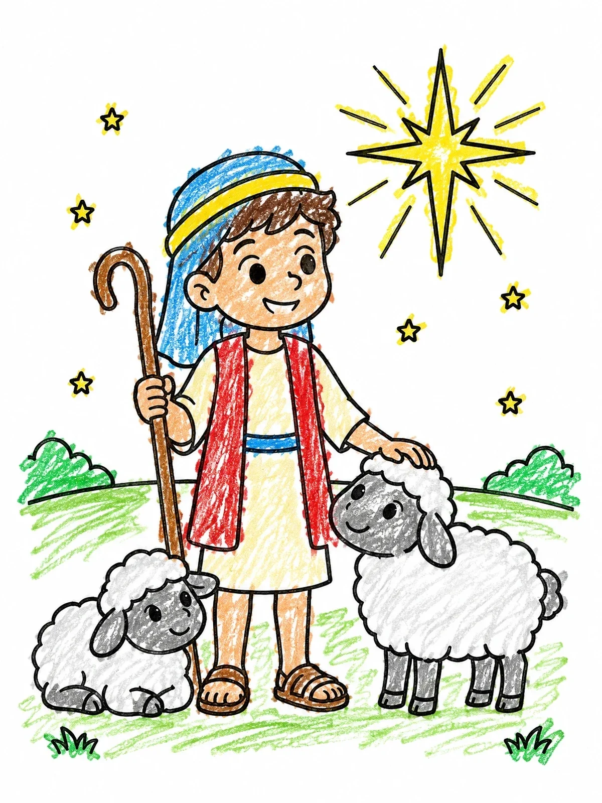 Colored example of the Young Shepherd David Under Starry Sky coloring page