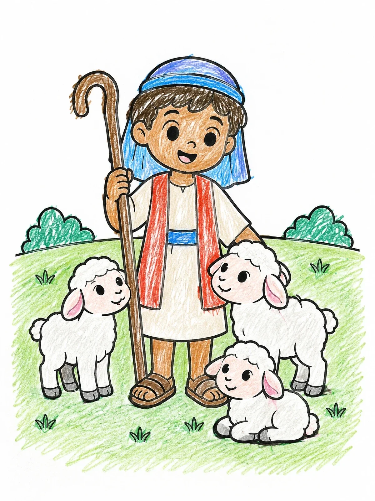 Colored example of the Young Shepherd David With Lambs coloring page