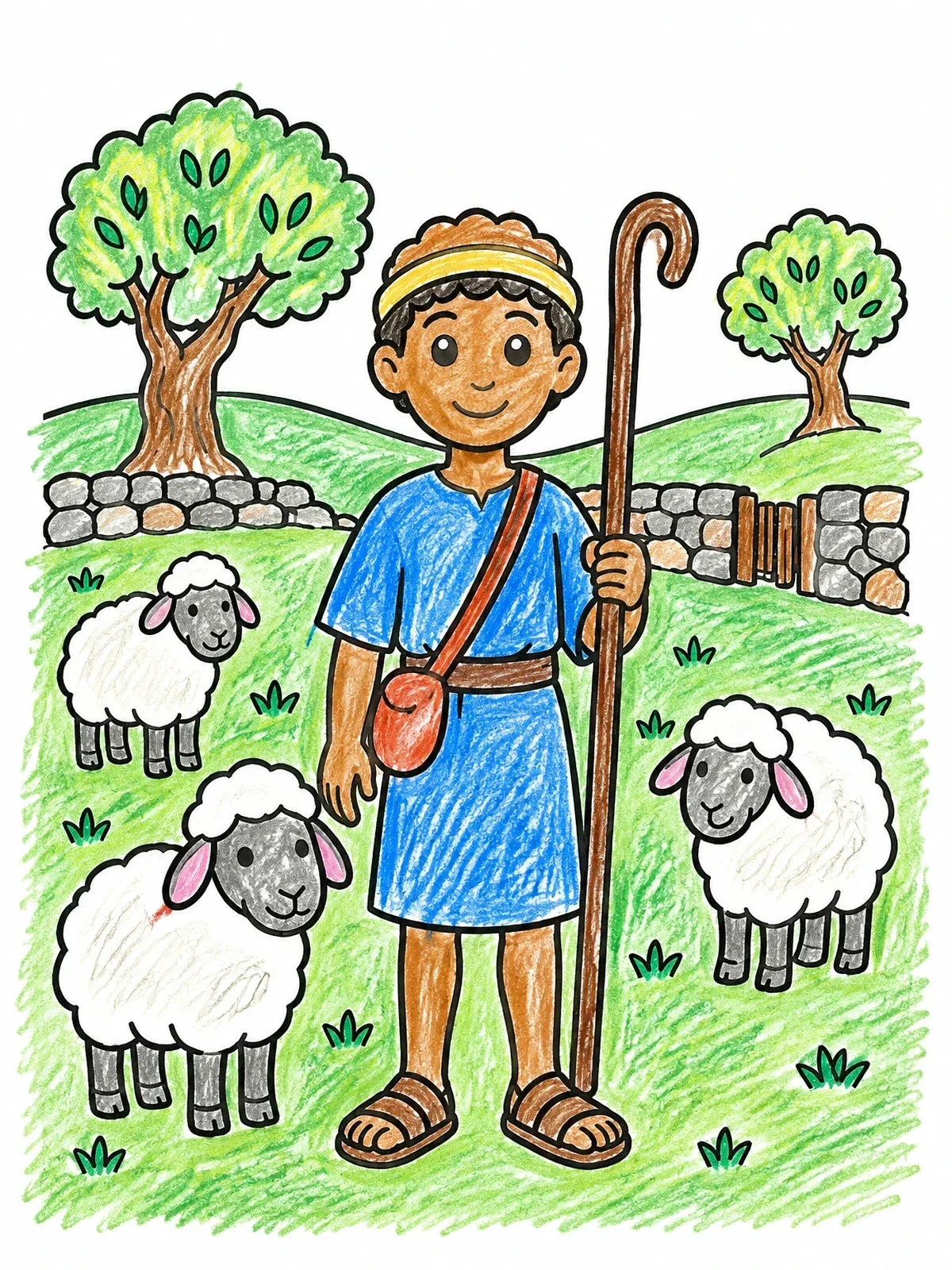 Colored example of the Young David Tending Sheep In Pasture coloring page