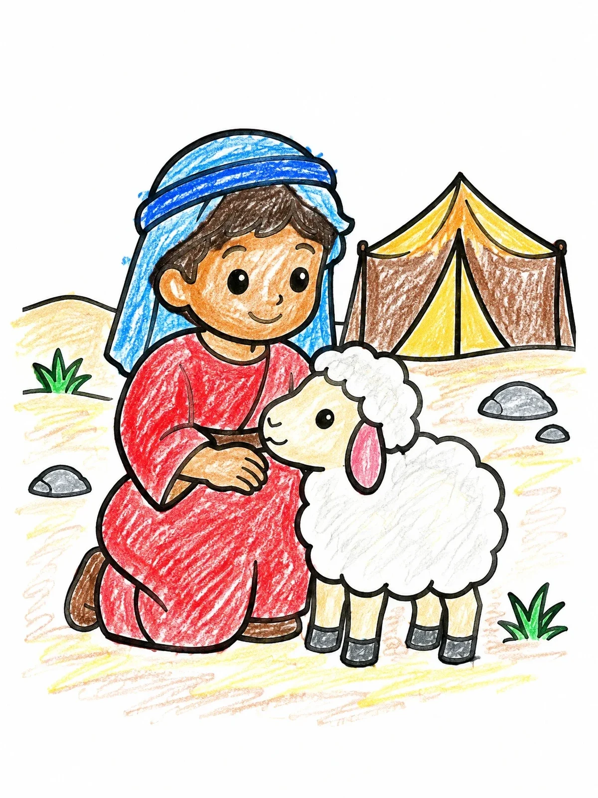 Colored example of the Young Shepherd Jacob With Lamb coloring page