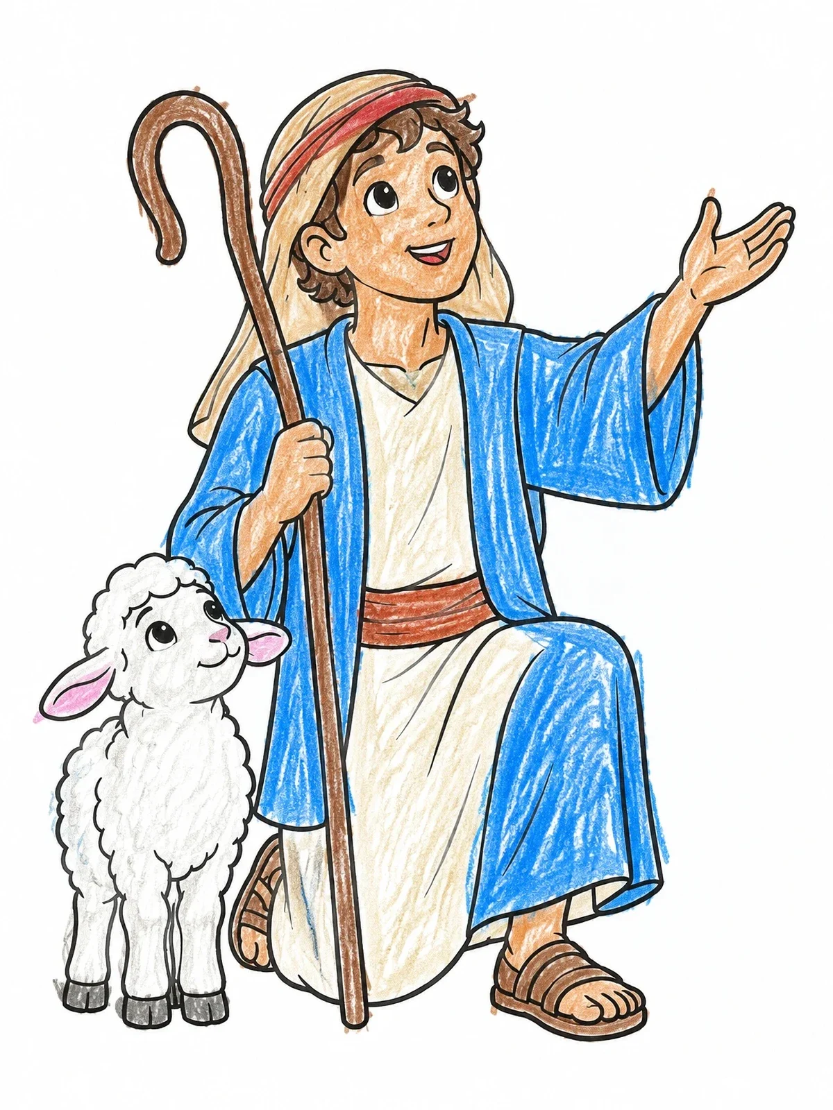Colored example of the Young Shepherd Kneeling With Lamb coloring page