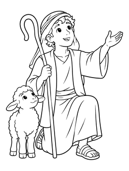 Free printable Young Shepherd Kneeling With Lamb coloring page
