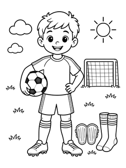 A cheerful soccer coloring page featuring a young boy with a ball, goal, and equipment.
