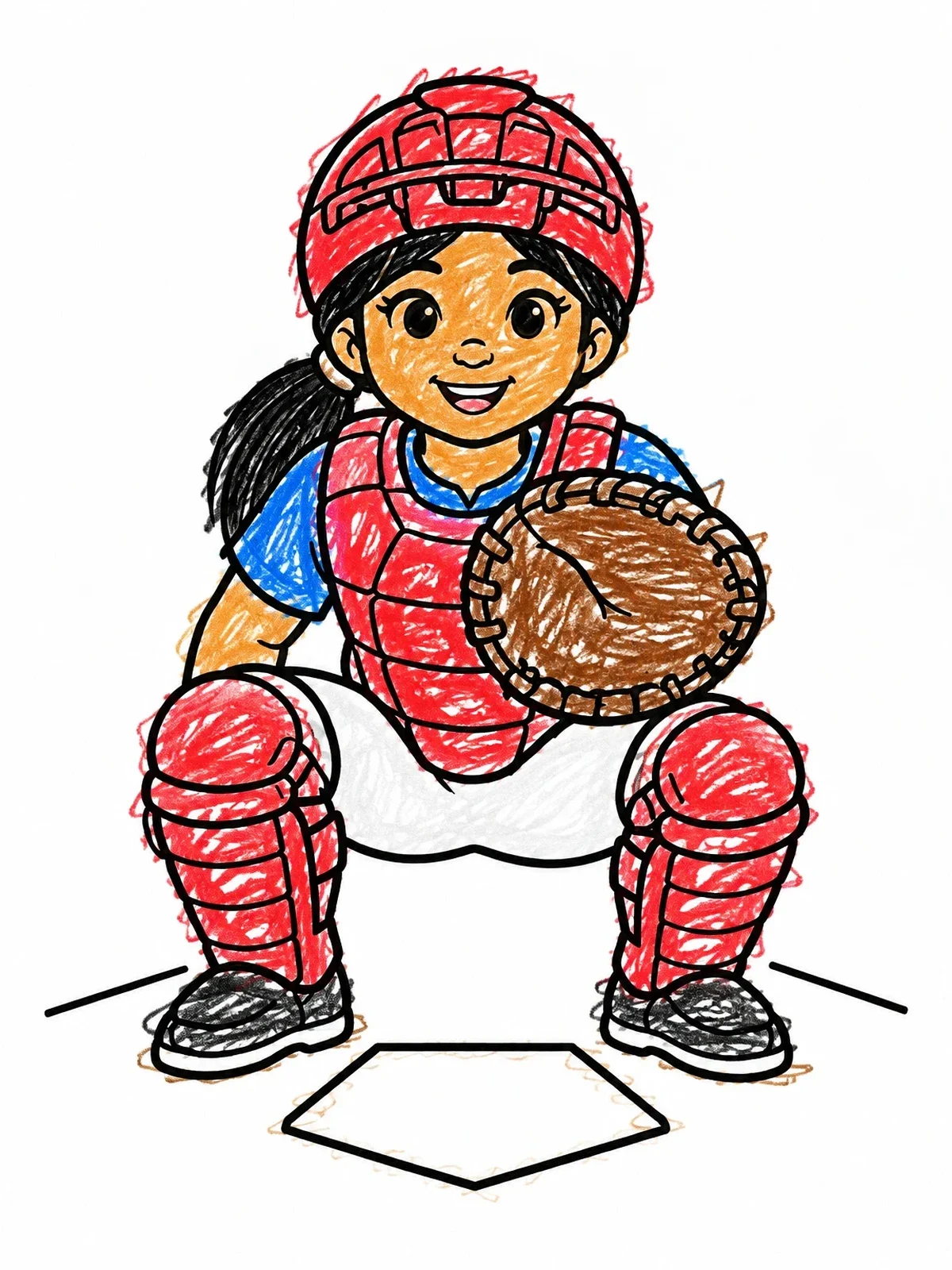 Colored example of the Young Softball Catcher Ready Behind Plate coloring page