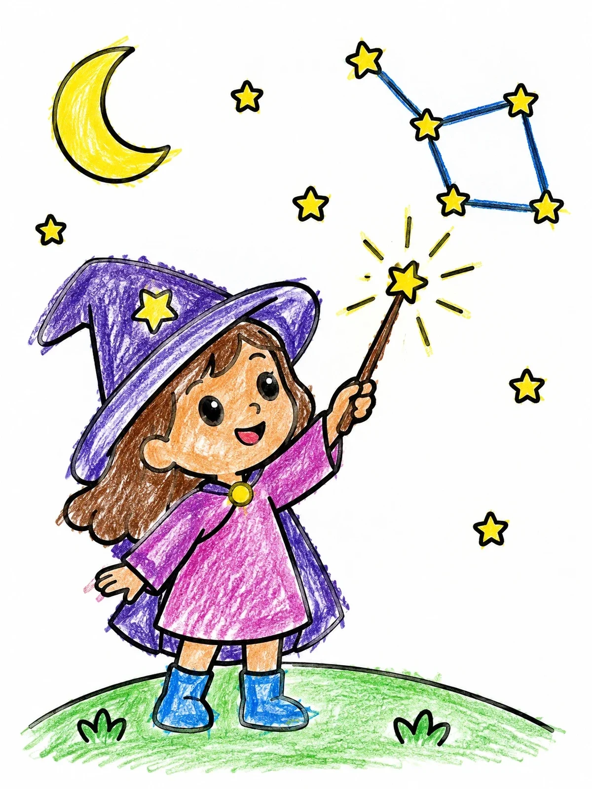 Colored example of the Little Sorceress Making Night Sky Constellations coloring page