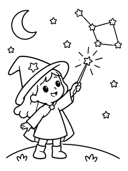 A young sorceress points her wand at night sky stars in this magic coloring page.
