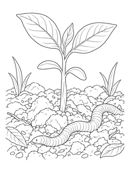 A small green plant and a worm in soil feature in this sprout coloring page.