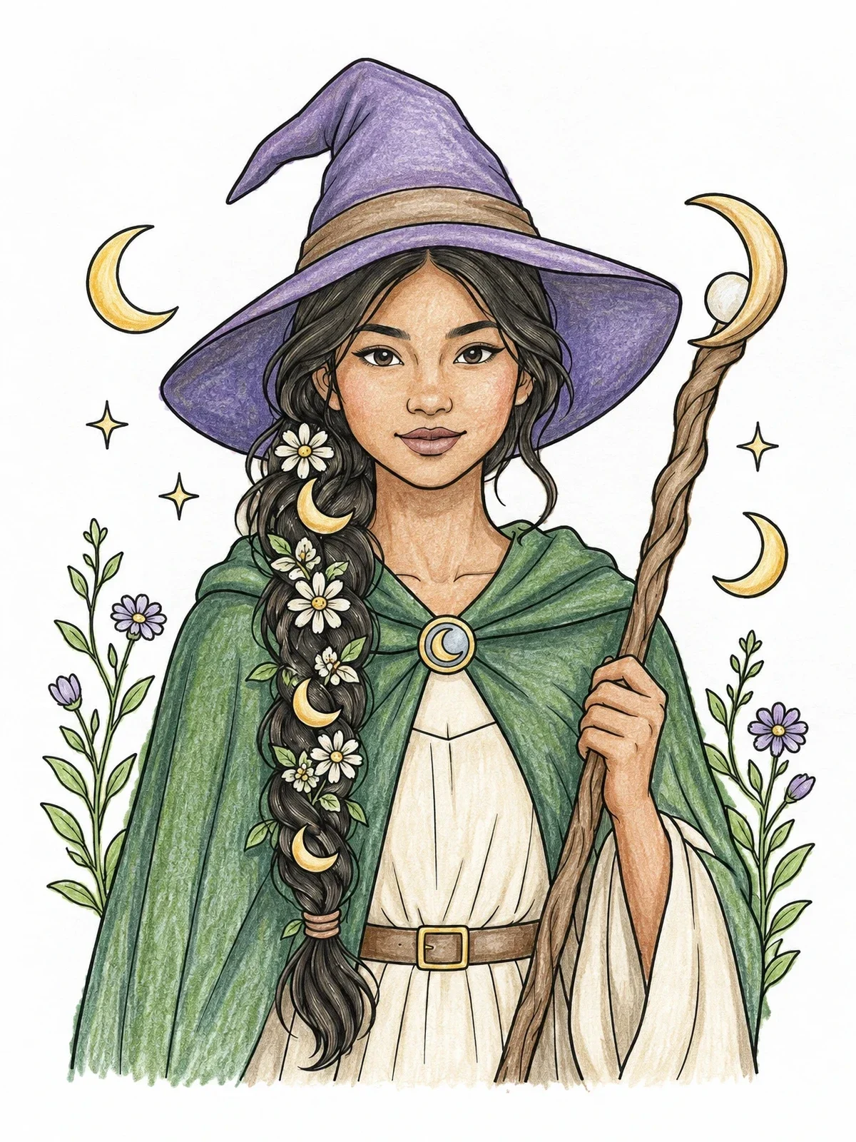 Colored example of the Young Witch With Braided Hair And Staff coloring page
