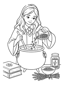 Free printable Young Witch Brewing Lavender Potion coloring page