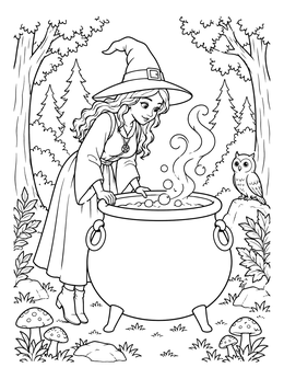 A young witch tends a bubbling potion in this magical cauldron coloring page.