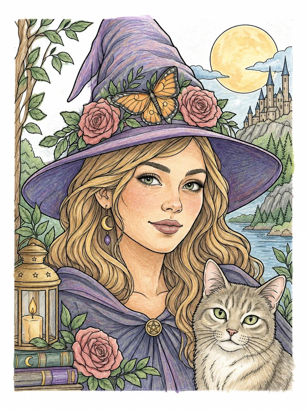 Colored example of the Young Witch With Cat And Floral Hat coloring page
