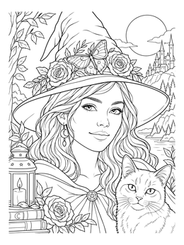 A detailed witch coloring page featuring a young woman in a decorated hat alongside a cat.